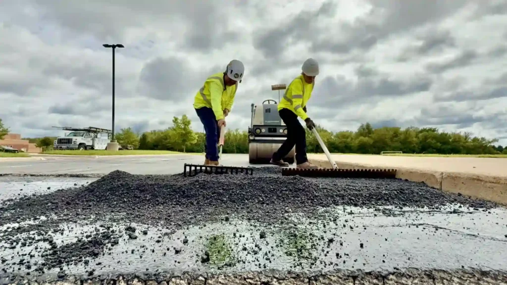 PLM workers raking hot asphalt
