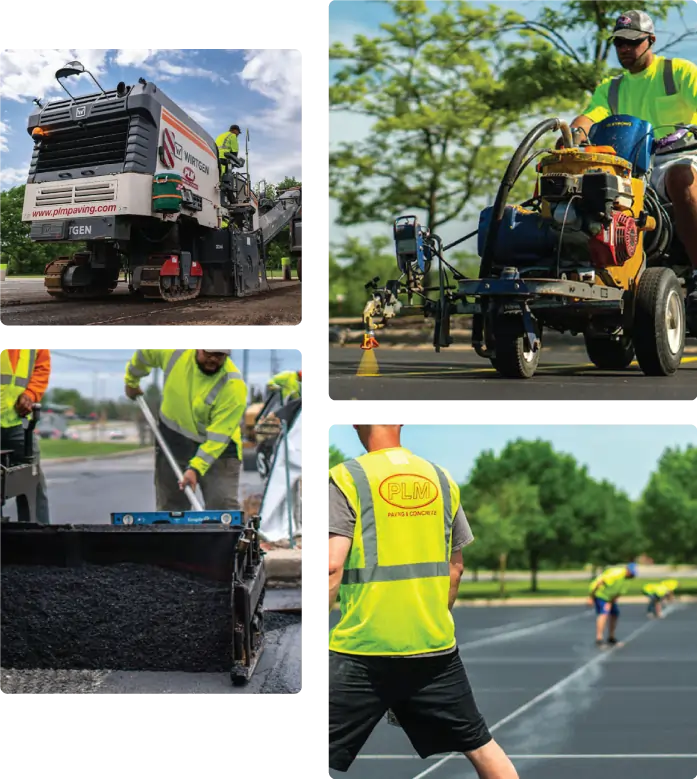 collage of 4 pictures of plm paving employees working