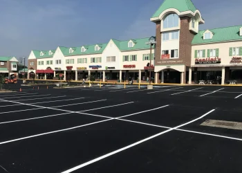 newly paved parking lot of a shopping center
