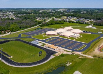 aerial view of a race track and parking lot