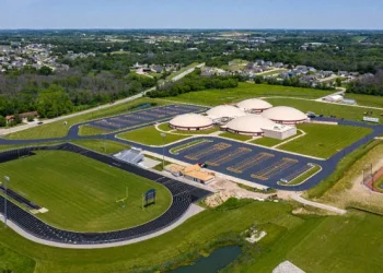 aerial view of a race track and parking lot