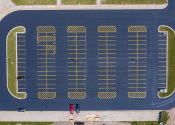 aerial view of a sealcoated parking lot